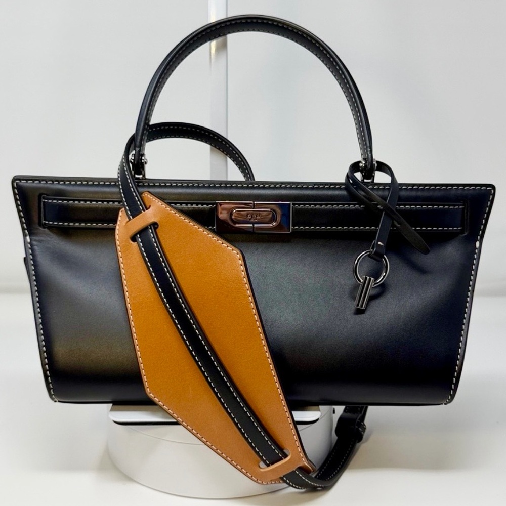 Tory Burch Lee Radziwill Cat Eye Bag black leather with tan colorblock accent